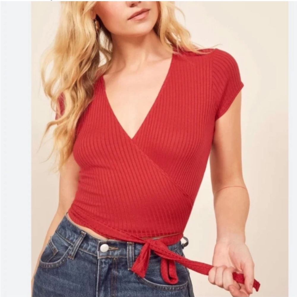 Reformation Red Ribbed Wrap Crop Top